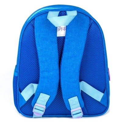 Mochila azul com alças azuis claras vista de trás