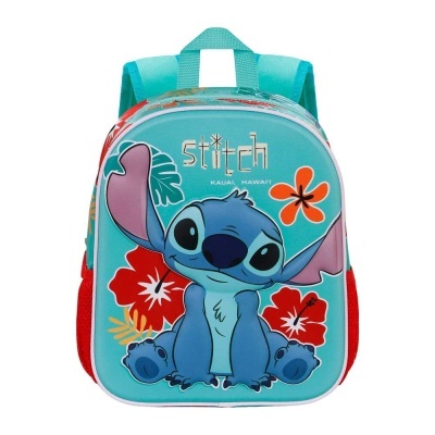 Mochila infantil azul clara com estampa do Stitch e flores coloridas