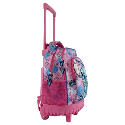 Mochila de rodinhas rosa com estampa do Stitch e puxador telescópico