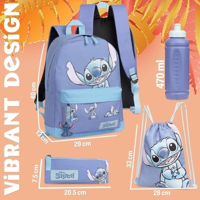Conjunto de mochila, saco com cordão, estojo e garrafa azul com personagem Stitch