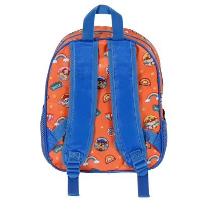 Mochila infantil laranja com personagens e alças azuis