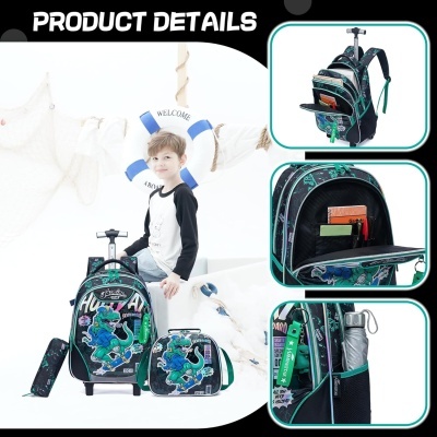 mochila escolar infantil com carrinho e estojo e lancheira com estampa de dinossauro