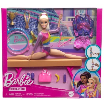 Conjunto Barbie ginasta com acessórios dentro de caixa rosa