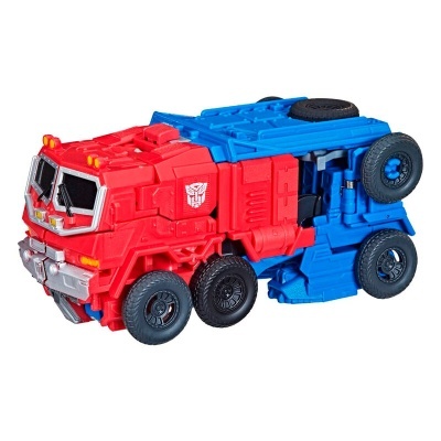 Brinquedo veículo vermelho e azul com seis rodas e símbolo dos Autobots