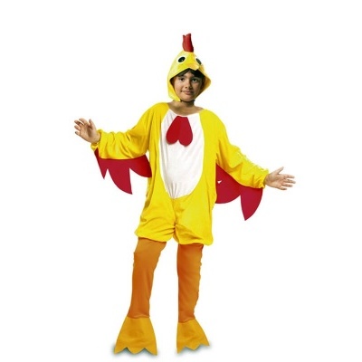 Fato infantil de galinha amarelo, branco e vermelho com capuz e asas