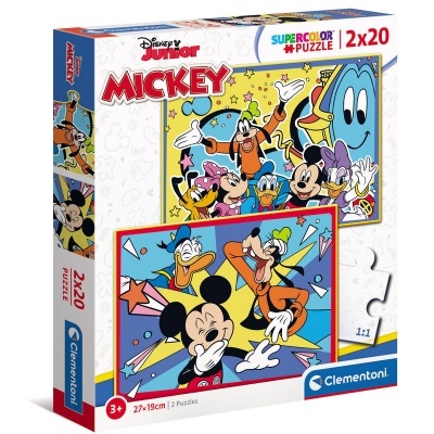 Caixa de puzzles Disney Junior Mickey com dois puzzles coloridos de 20 peças cada.
