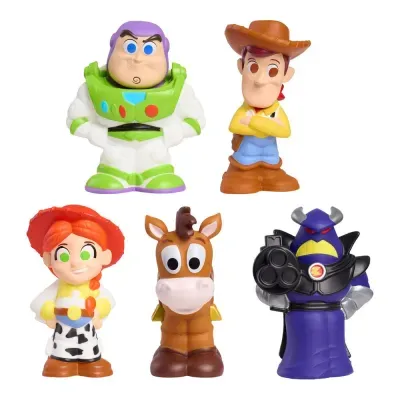 Conjunto de cinco figuras de ação coloridas de personagens de desenho animado