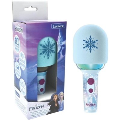 Microfone azul claro Disney Frozen com caixa roxa e personagens do filme