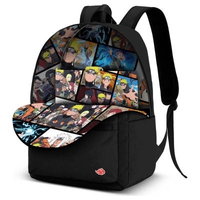 Mochila preta com estampas do anime Naruto e símbolo vermelho com nuvem branca