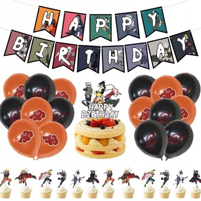 Conjunto de decoração de festa de aniversário com bandeirinhas, balões, bolo e topos de cupcakes