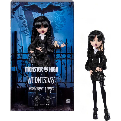 Boneca Monster High x Wednesday com caixa azul e boneca pequena