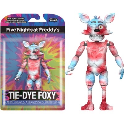 Figura Tie-Dye Foxy Five Nights at Freddy's em embalagem colorida com padrão tie-dye azul, branco e vermelho
