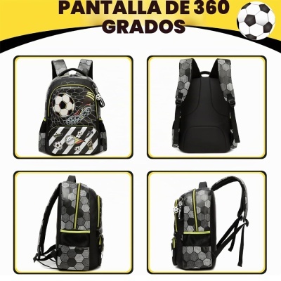 Mochila preta com estampa de futebol vista de quatro ângulos