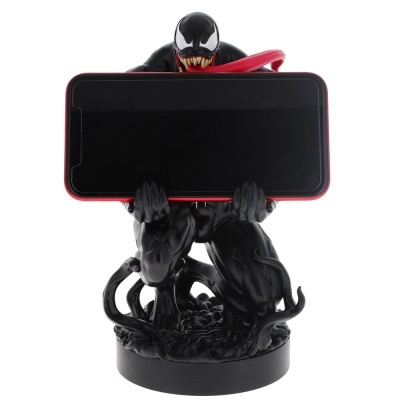 Figura de Venom preto a segurar suporte de smartphone com moldura vermelha