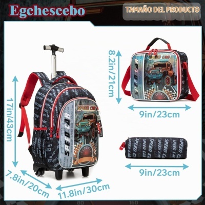 Conjunto escolar com mochila, lancheira e estojo estampados com desenho de carro e texto SPEED CAR
