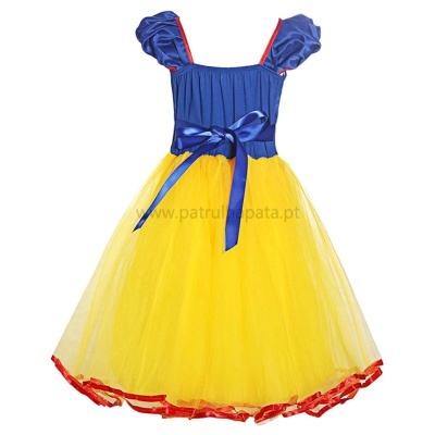 vestido infantil Branca de Neve azul, amarelo e vermelho