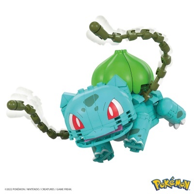 Figurinha de construção do Pokémon Bulbasaur em plástico azul e verde