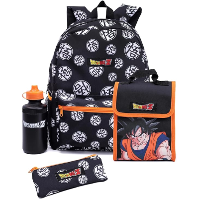 Conjunto mochila, lancheira, garrafa e estojo Dragon Ball Z com padrão e personagem Goku