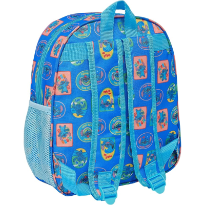 Mochila azul com padrão colorido e personagens animados