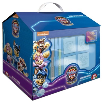 Caixa azul com carimbos Paw Patrol Mighty Pups e personagens caninos