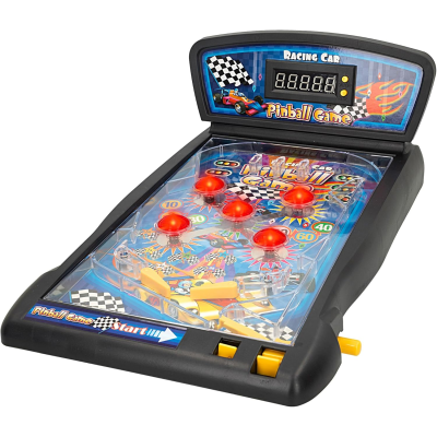 Jogo de pinball preto com display digital e botões vermelhos