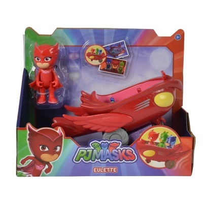 Brinquedo PJ Masks figura vermelha e veículo vermelho em embalagem colorida com texto