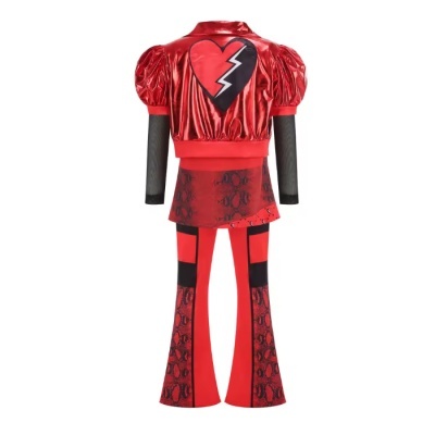 Conjunto infantil vermelho com casaco e calças, detalhe de coração partido nas costas.