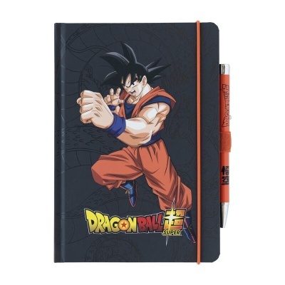 Caderno Dragon Ball Super preto com personagem e caneta laranja