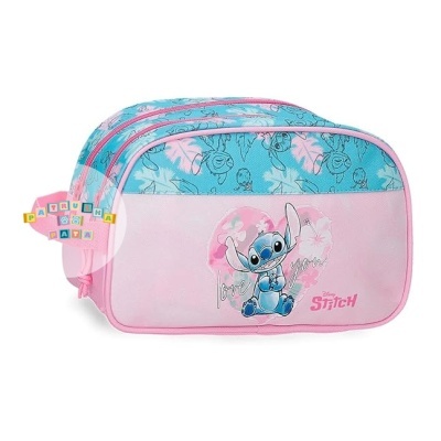 necessaire azul e rosa com padrão folhas e personagem Stitch