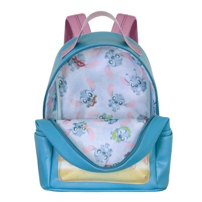 Mochila azul pequena com interior estampado de coelhos e alças rosa