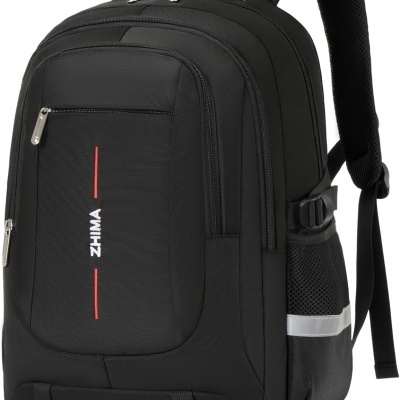 Mochila preta com texto ZHIMA, bolsos e alças acolchoadas