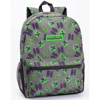 Mochila cinzenta com padrão de cabeças Minecraft em verde e preto