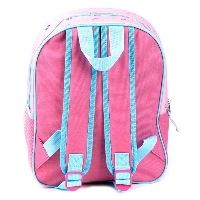 Mochila infantil rosa com alças azuis claras vista de trás