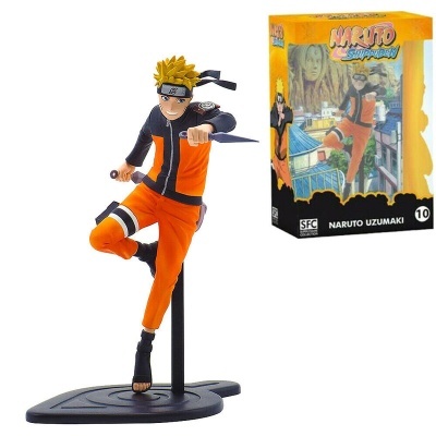 Figura de Naruto Uzumaki com fato laranja e preto em base preta com caixa ao lado.