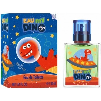 Perfume infantil 'Eau my Dino' com dinossauro vermelho em nave espacial e estrelas, embalagem azul e vermelha.