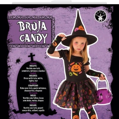 Fantasia de bruxa para criança com vestido, meias, luvas, chapéu e balde roxo