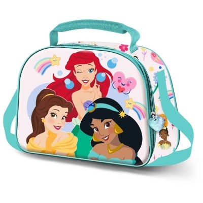 Bolsa térmica infantil com princesas Ariel, Bela e Jasmine e fundo branco colorido