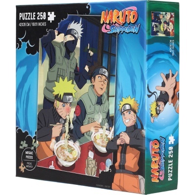 Caixa de puzzle Naruto Shippuden com 250 peças e imagem de personagens a comer ramen