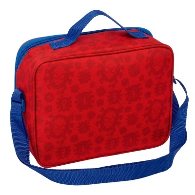 Mala vermelha com estampas de Homem-Aranha e alças azuis