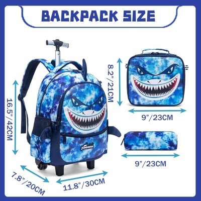 Mochila, estojo e lancheira com padrão azul e desenho de tubarão