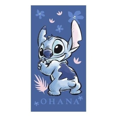 Toalha azul com personagem Stitch e texto OHANA.