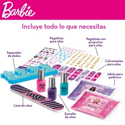 Conjunto de manicure Barbie com várias peças coloridas e autocolantes