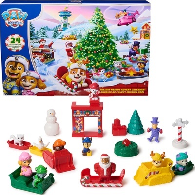 Calendário advento Paw Patrol com figuras e acessórios de Natal coloridos