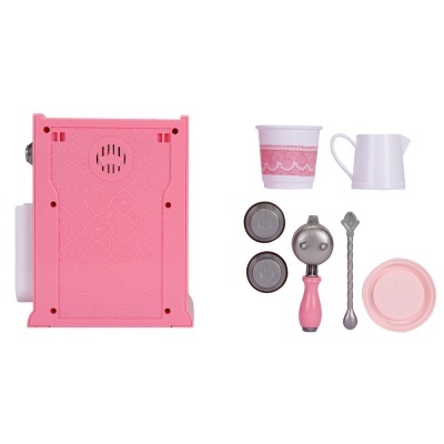 Conjunto de brinquedo máquina de café rosa com acessórios em fundo branco