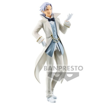 Estatueta de personagem masculino com casaco branco e colete azul