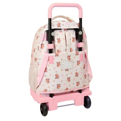 Mochila rosa com carrinho e padrão de ursinhos cor de rosa