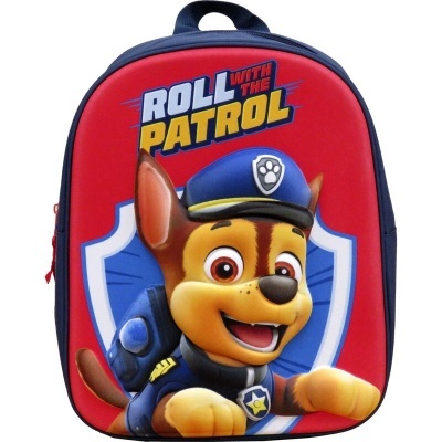 Mochila infantil vermelha e azul com cão em uniforme de polícia e texto ROLL WITH THE PATROL