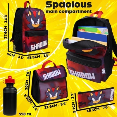 Conjunto de mochila, lancheira, estojo e garrafa com personagem e texto SHADOW em fundo amarelo.