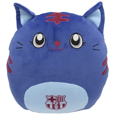 Almofada peluche azul em forma de gato com emblema FC Barcelona