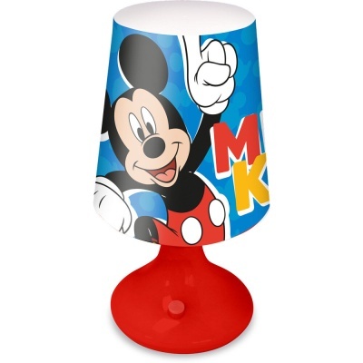 Candeeiro de mesa com base vermelha e cúpula com imagem do Mickey Mouse